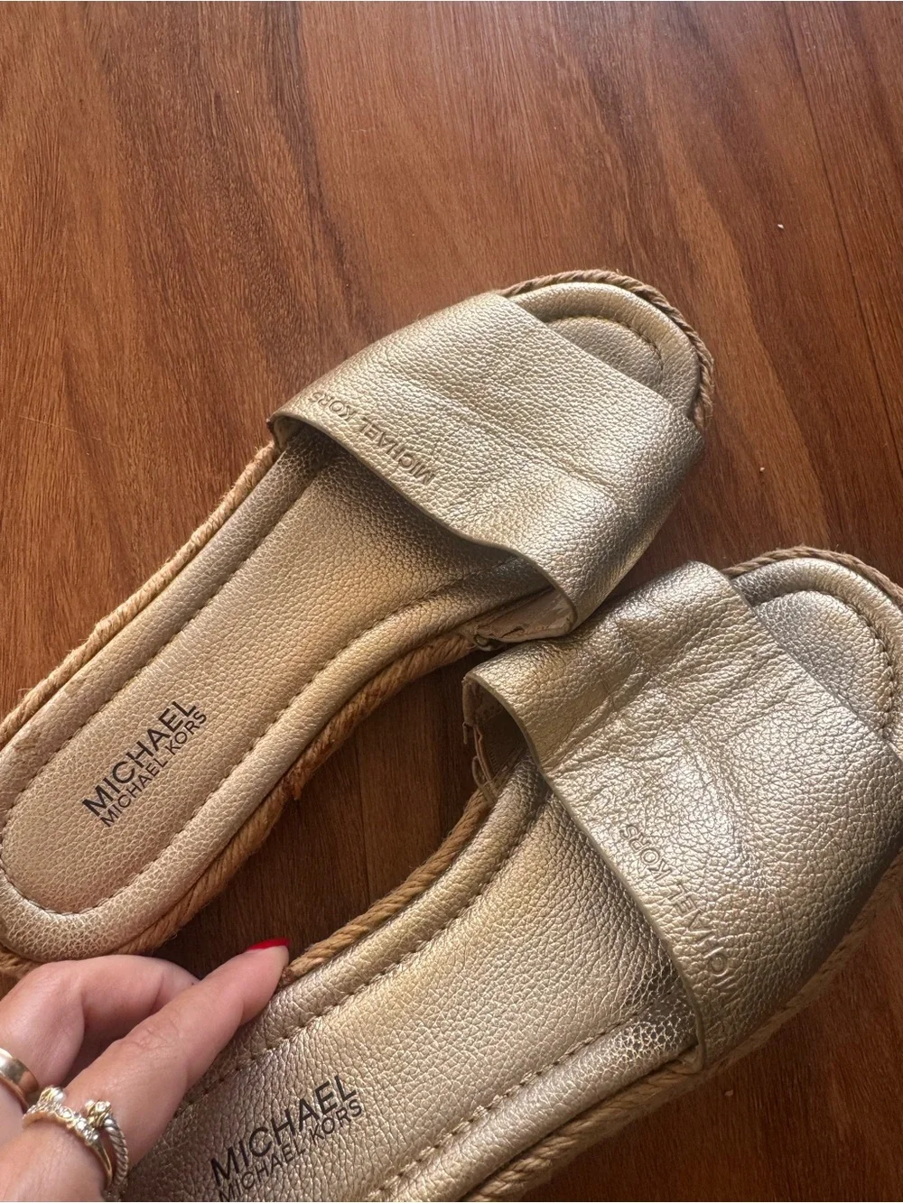 Michael Kors Metallic Gold Slide Sandals with Rope-Trim Sole